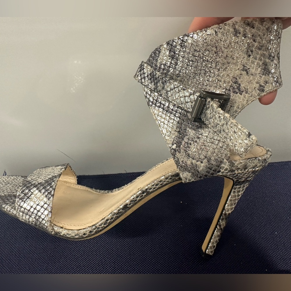 Vince Camuto Metallic Silver Snake-Print Stiletto Sandals